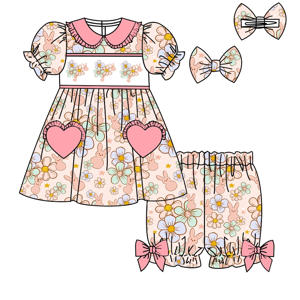 Easter Girl Series Short Sleeve Shorts Bow Girl Suit Bunny Bow Plaid Print Boutique Children's Suit