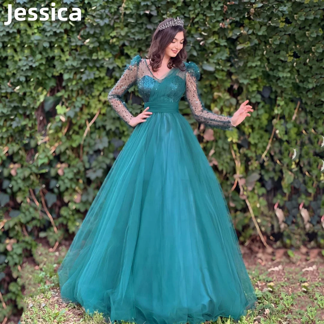 

Jessica Sequined Long Sleeves Prom Dresses 2024 فساتين السهرة Green Sweet Tulle Evening Dress Formal Occasions Party Dress