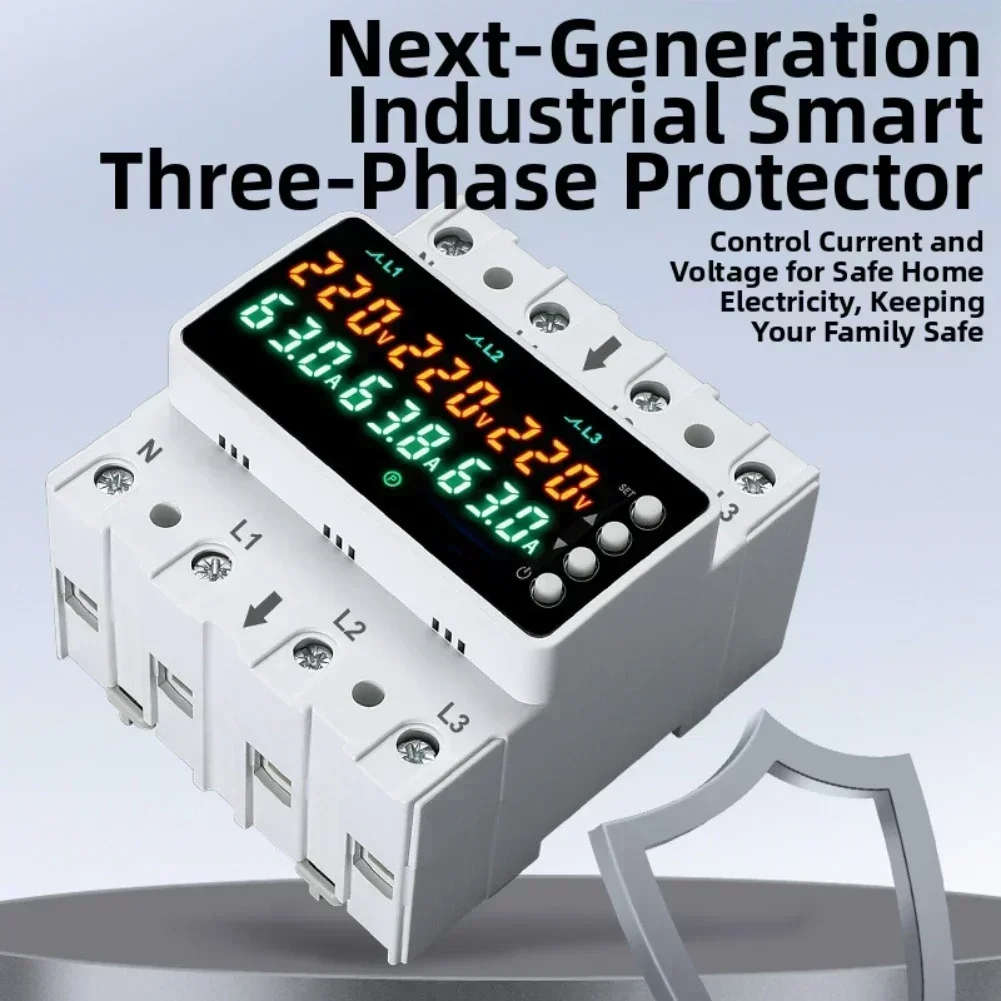 3 Phase 4-wire DIN Rail Over Under Voltage Protector 63A/100A Adjustable V/A Protector Overcurrent Protection Relays Protector