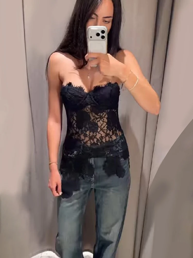 Black Lace Strapless Corset Top Sheer See Through Floral Bodysuit Fringe Trim Bustier Blouse Perfect for Party Club Date Night - view 3