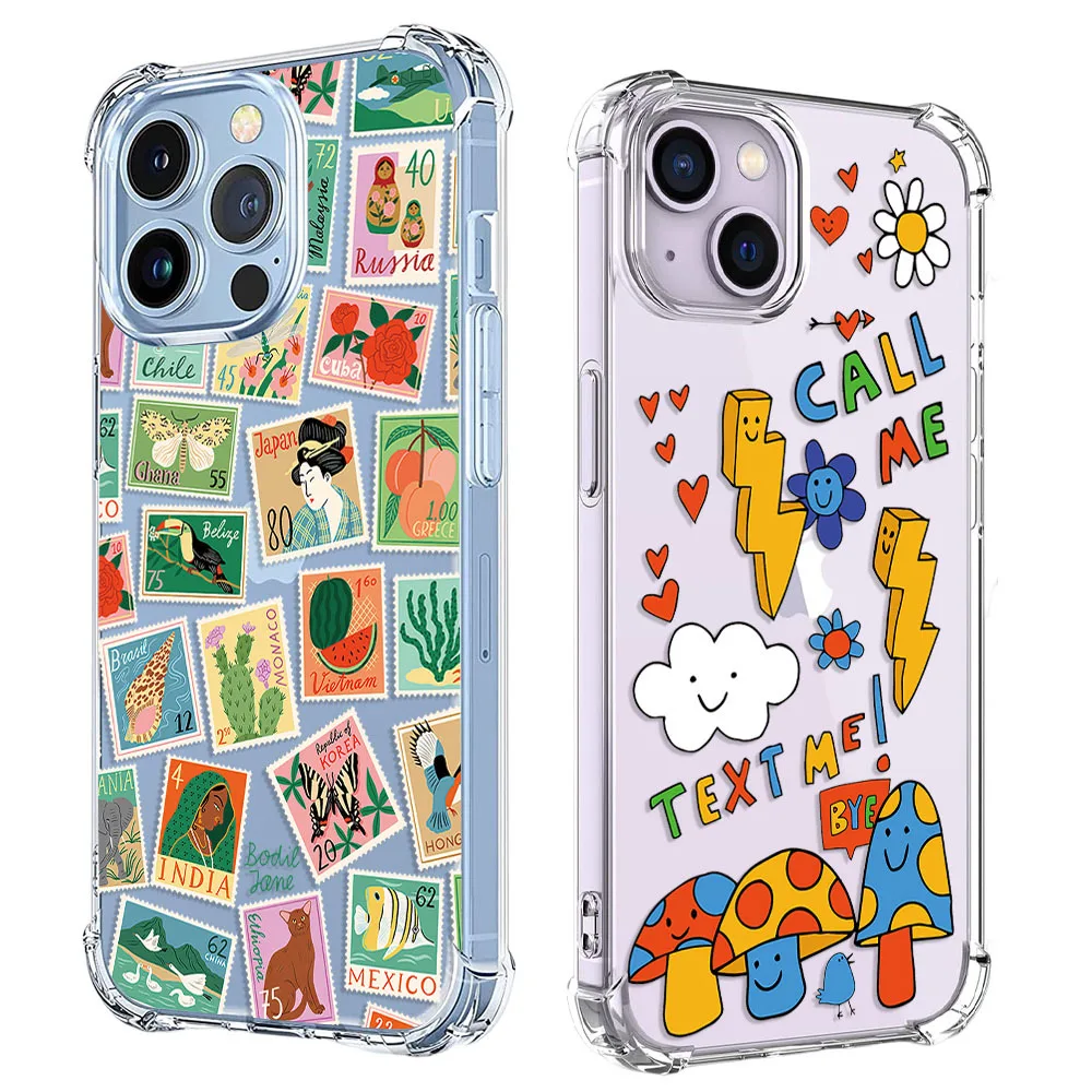 Shockproof Phone Case For iPhone 15 14 13 12 11 Pro X XS XR Max 7 8 Plus SE Stamp Stickers Fruit Animals Soft Clear TPU Cover