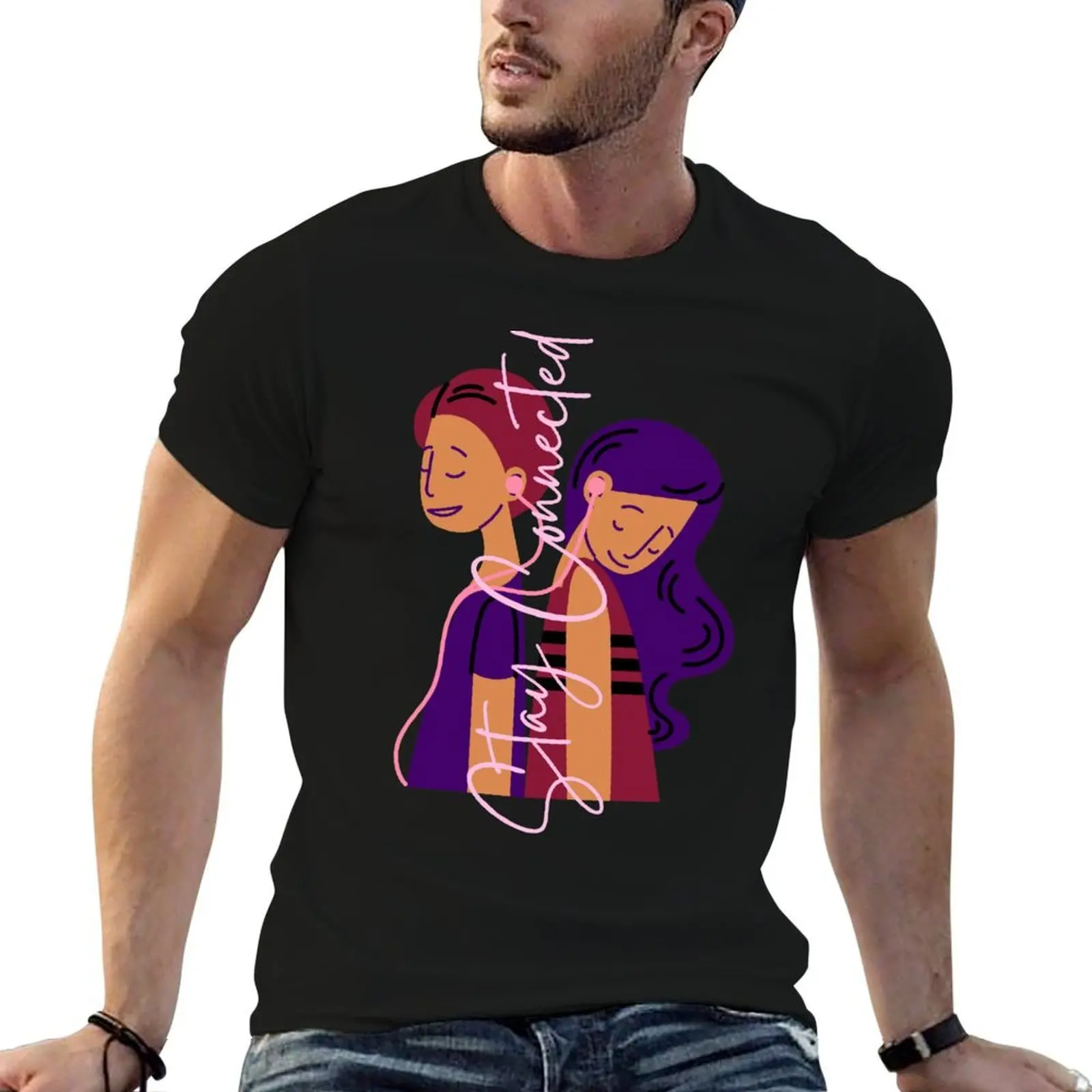 Stay Connected quote with Two Figures Wearing Pink Headphones T-Shirt t shirt man casual funny t shirts dark humor T-Shirt