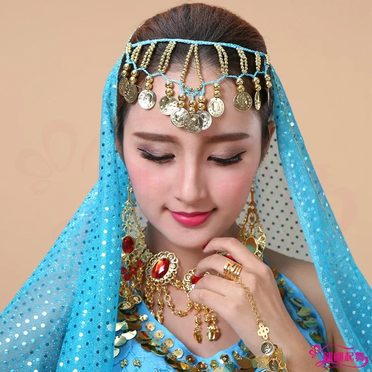 ผู้หญิง Belly เต้นรำอุปกรณ์เสริมฝึกเหรียญหัวตกแต่ง Chain Belly Dance อินเดีย Headwear ผ้าพันคอ Headpiece เครื่องแต่งกาย