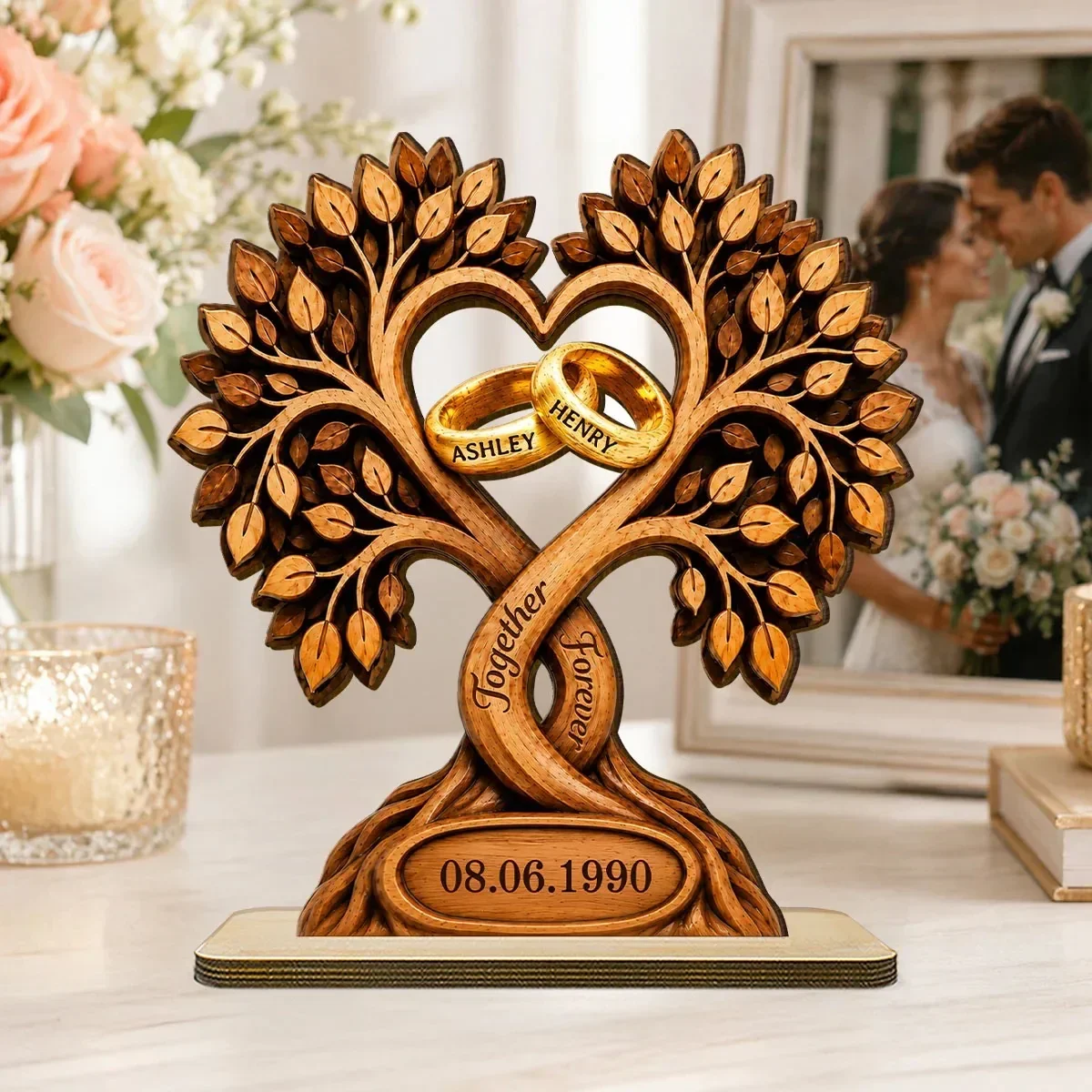 Flat Wooden Tree of Life Decor Custom Name Date Heart-Shaped Ring Holder Inch Wedding Anniversary Gift Home Decoration