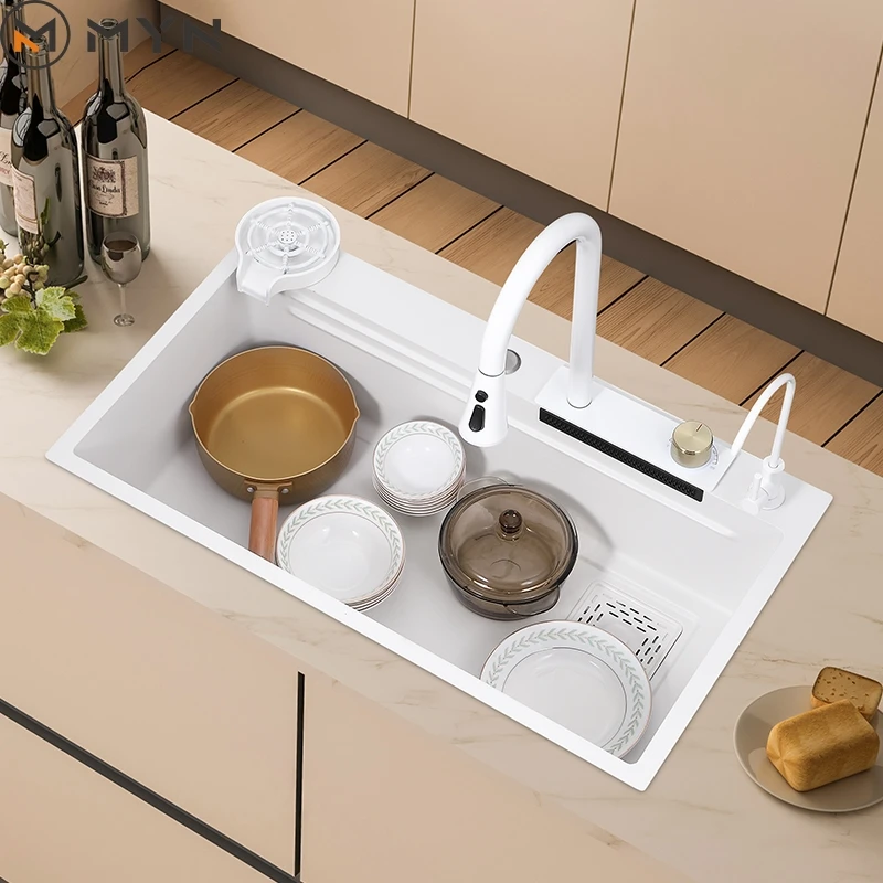 New Design White  Multi-functional Stainless Steel 304 Wash Sink Waterfall Faucet Single Kitchen Sink with All Accessories