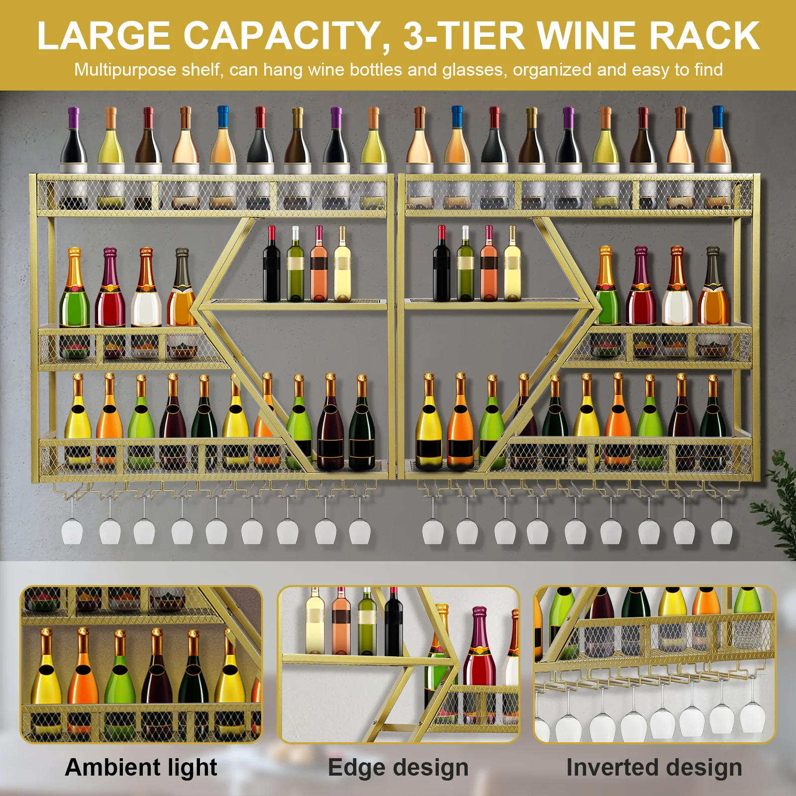 

Металлическая настенная полка для хранения и демонстрации винных бутылок с держателями для стаканов, винные стеллажи-шкафы для дома, столовой, кухни