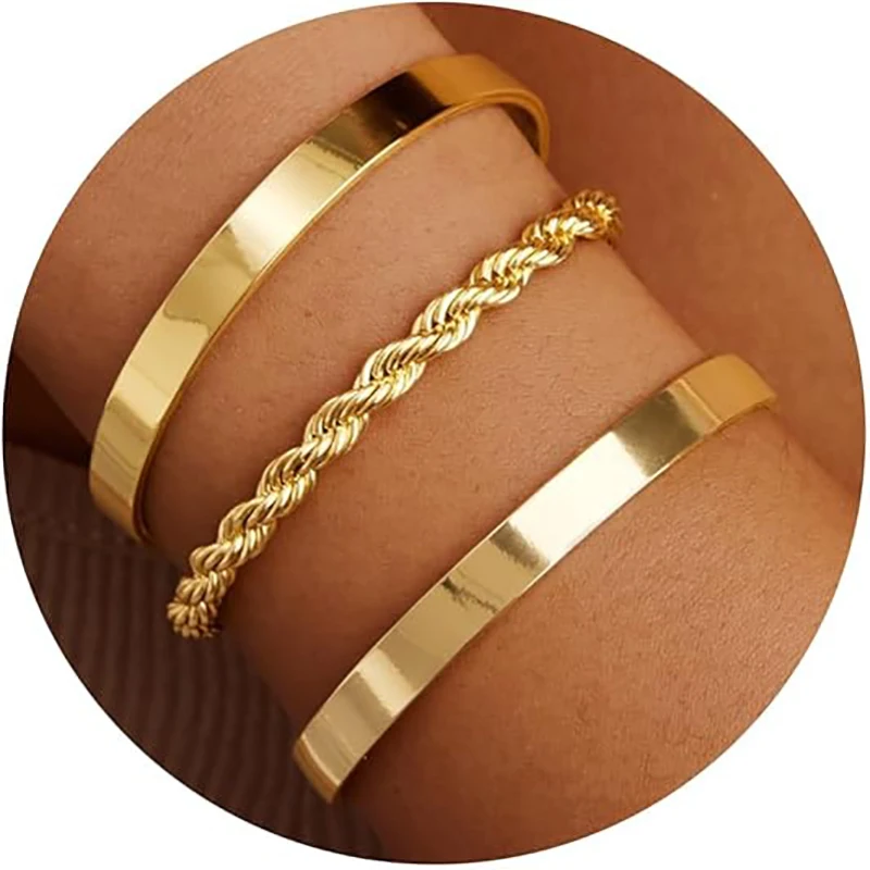 

3PC Golden Bracelets Set For Women Non Tarnish Dainty Bangle Cuff Stack Waterproof Stackable Adjustable Bracelet Jewelry Gifts