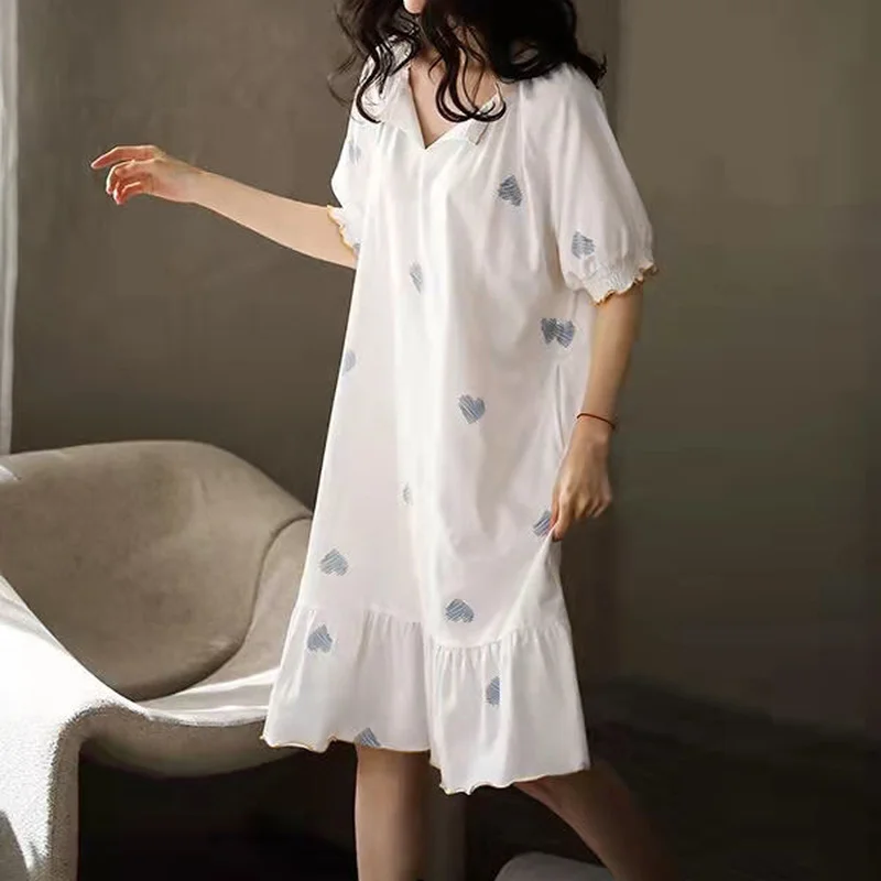 Nightgowns Women Print Sweet Style Homewear Fashion Summer Femme Baggy Mid-calf Harajuku Lovely Girls Trendy Simple Cozy Ulzzang