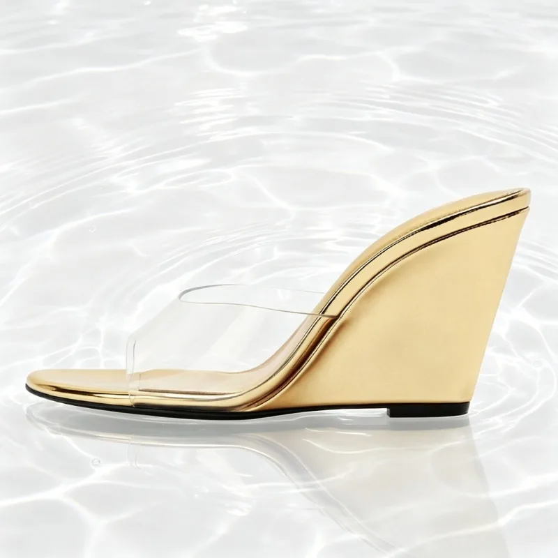 Unique Laminated Wedge Sandals Women Fashion Vinyl-effect Front-strap Slide Sandals Elegant Round-toe Open-toe Designer Shoes view 2