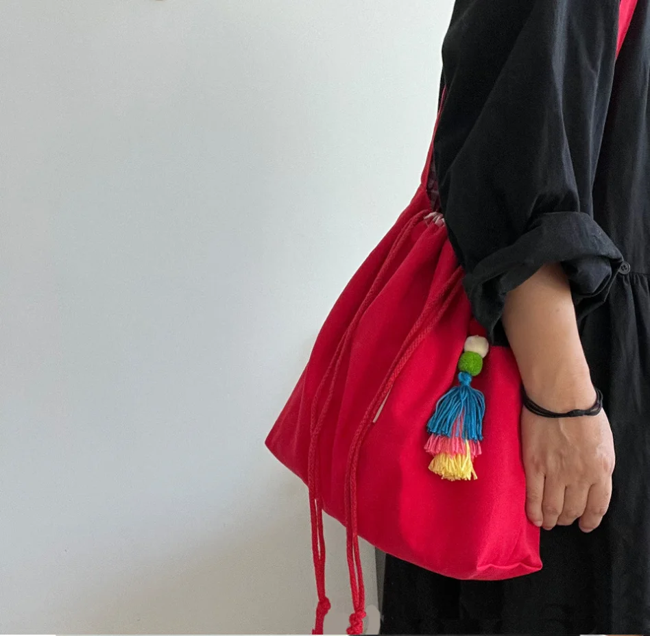 High-capacit Shopping Bags for Woman Bundle Mouth Drawstring Plaid Tote bag bolsos Tassel Pendant Travel Cross Shoulder bags sac
