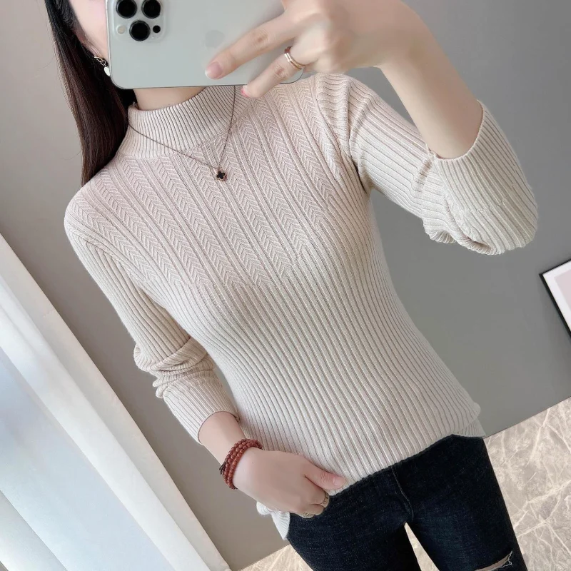 

Autumn Winter Half-high Neck Solid Slim Pullover Sweater Women's Fashionable Inner Middle-aged Knitted Base Shirt