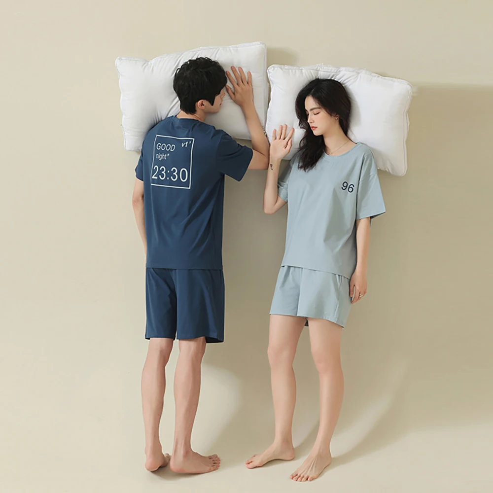 Women's 100% Cotton Solid Pajamas Summer Fashion Letters Print Couple Sleepwear Suit Breathable Moisture Absorption Pajama Sets