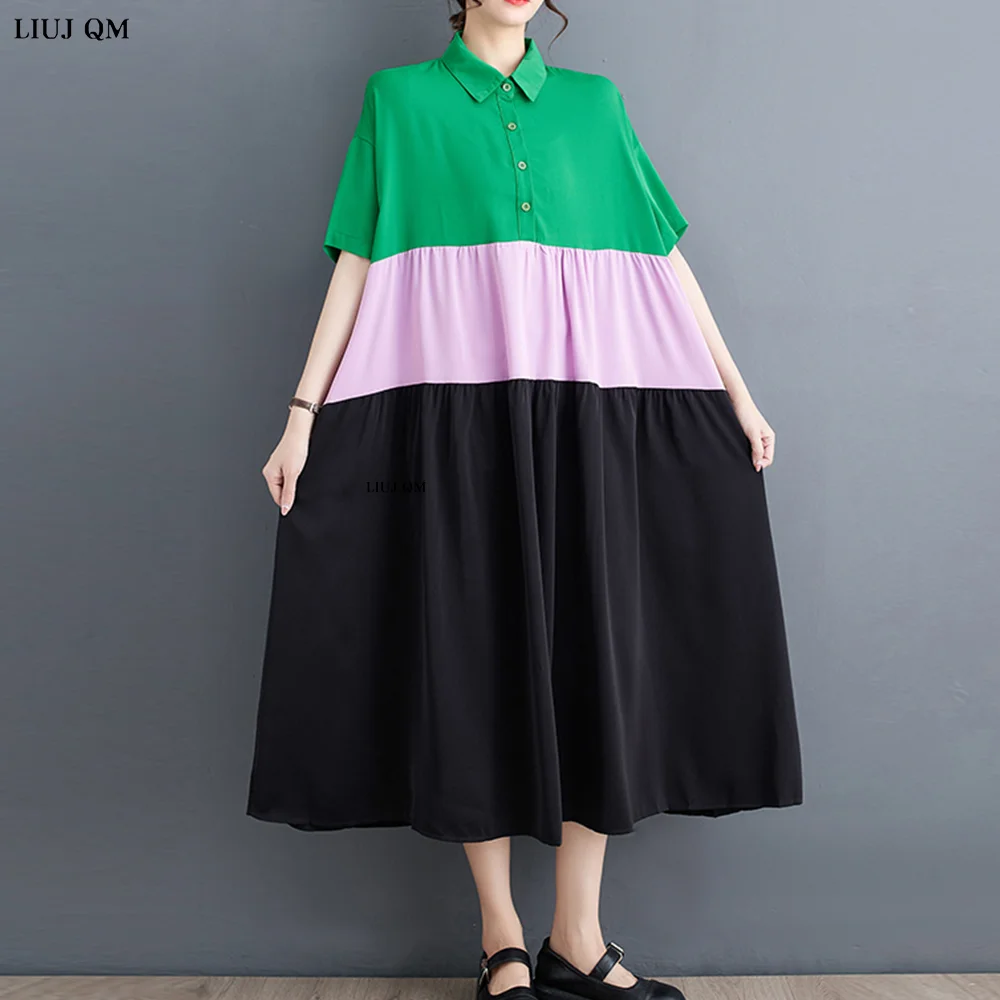 Korean Fashion Color-blocking Long Shirt Dress Women Casual Stripe Stitching Vestido Loose Robe 2023 Summer Plus Size Clothes