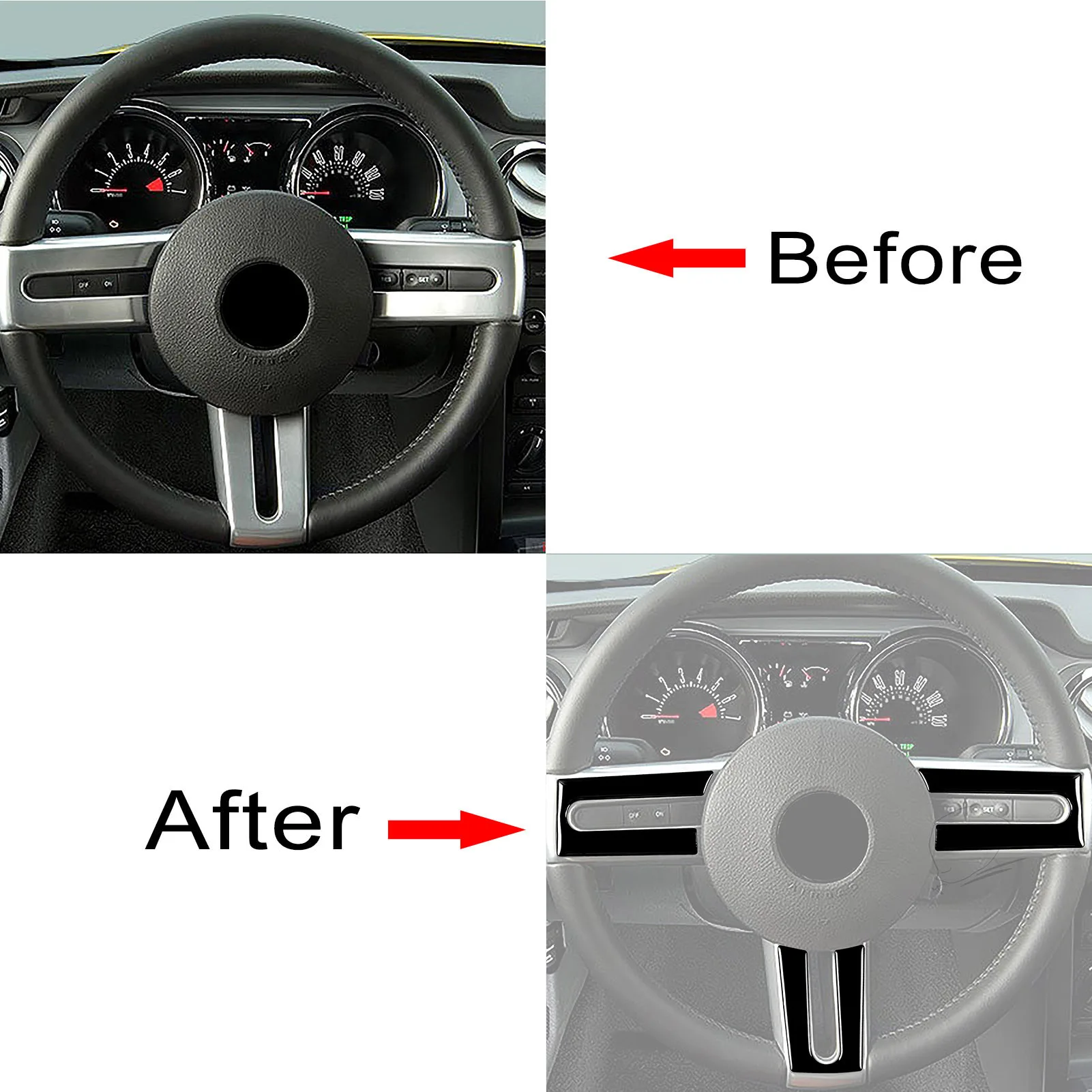 3PCS  Piano Black Steering Wheel Cover Trim For Ford Mustang  2005 2006 2007 2008 2009 Car Accessories Interior Mouldings