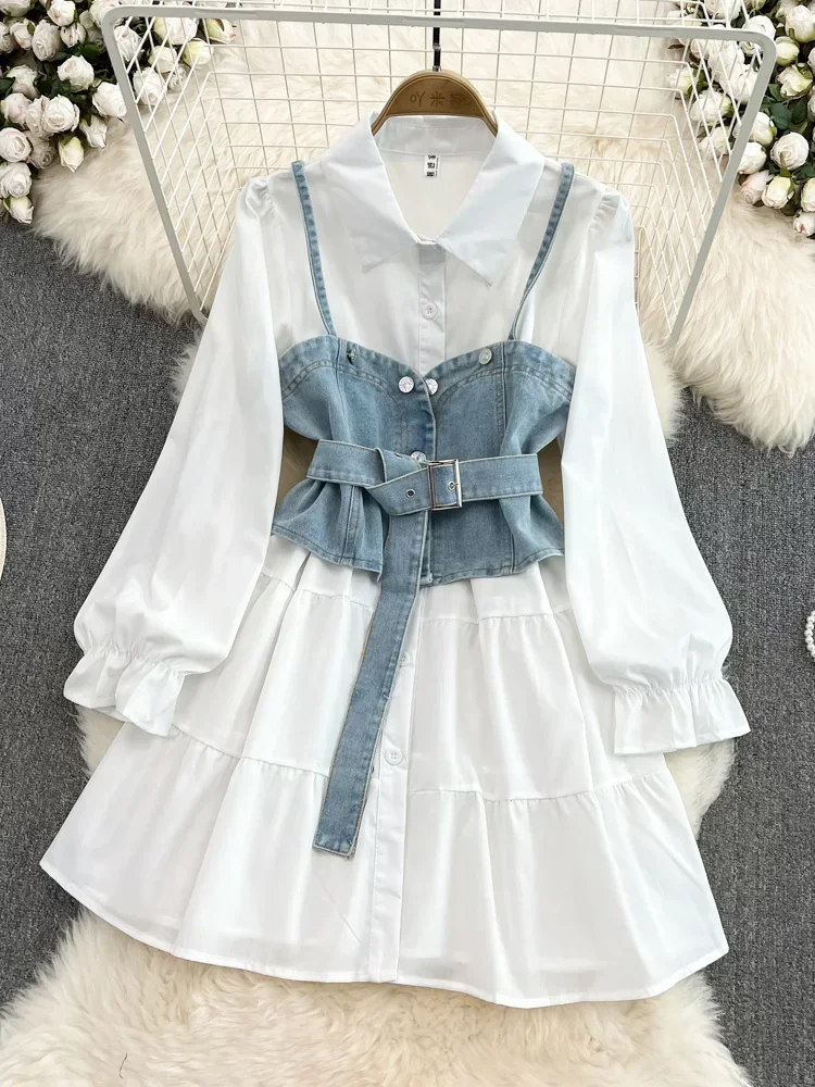 Spring Autumn Cowboy Waistcoat Shirt Dress Female Elegant Length Sleeve White Shirt Dress Vest Women\'s Two-piece Set GD785