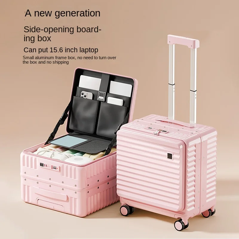 

Чемодан с боковым открытием, 16-20 дюймов, дорожный чемодан для посадки, маленький женский новый алюминиевый каркас, легкий чемодан на колесиках для коротких поездок