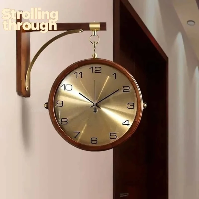 Luxury Wood Double Sided Wall Clocks Movement Silence 360° Rotatable Wall Clock Aesthetic Living Room Decoration Accessories