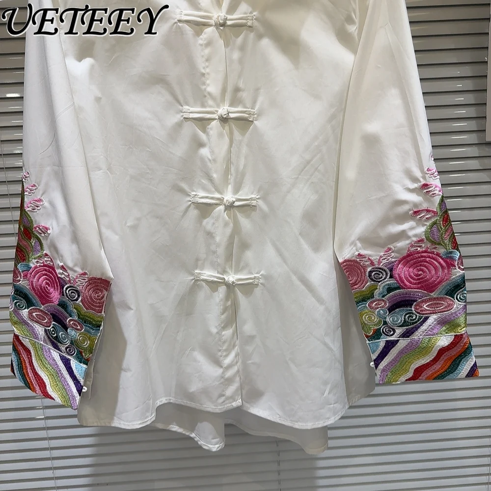 2024 Spring New Chinese Style Cuff Color Embroidery Pattern Buckle Design Shirt White All-matching Tops Camisas for Women