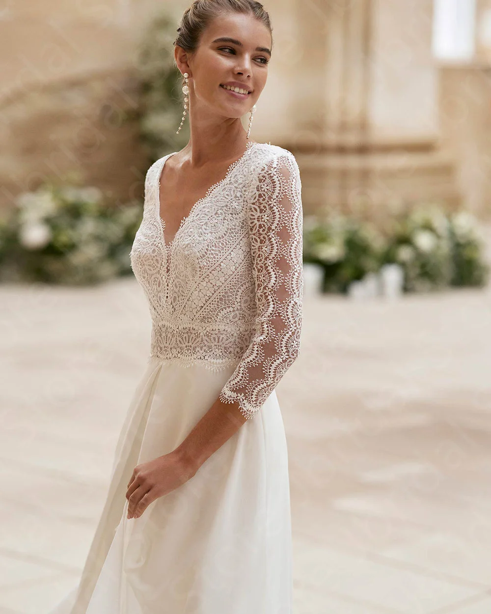 Customized New Unique Wedding Dresses Jumpsuit Bridal Gowns Pants Suite Lace Bride Dresses 3/4 Sleeves Wedding Gowns V Neckline image 3