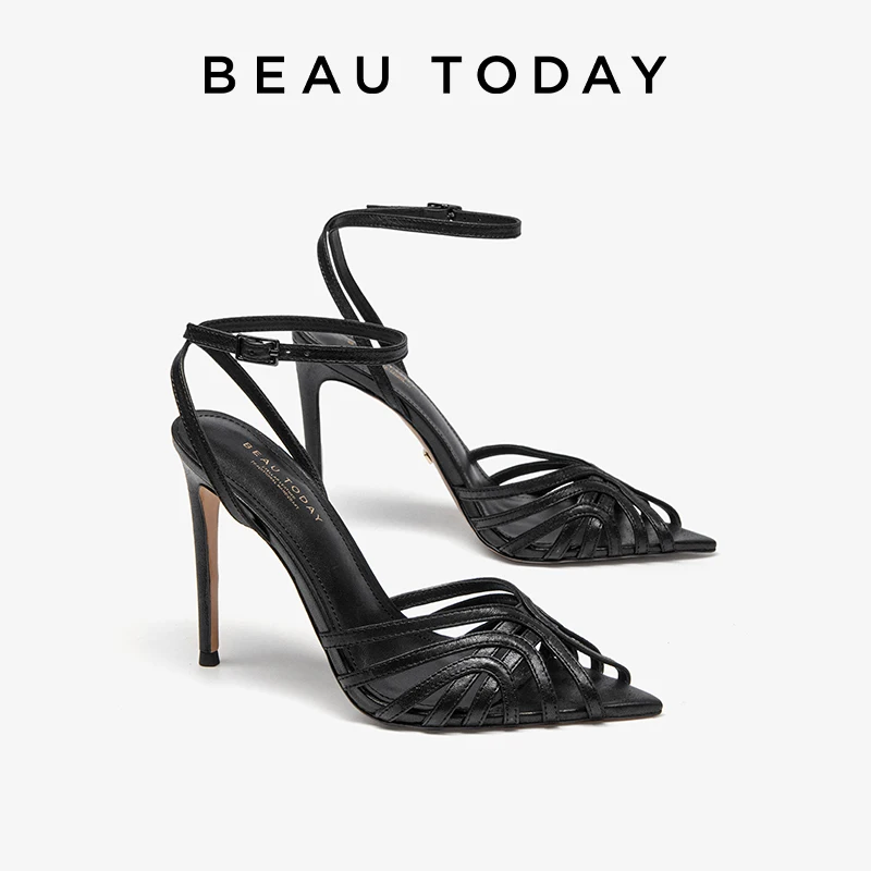 BEAUTODAY Gladiator Sandals Women Sheepskin Solid Color Pointed Toe High Heel Ankle Strap Pumps Ladies Shoes Handmade MS3D044