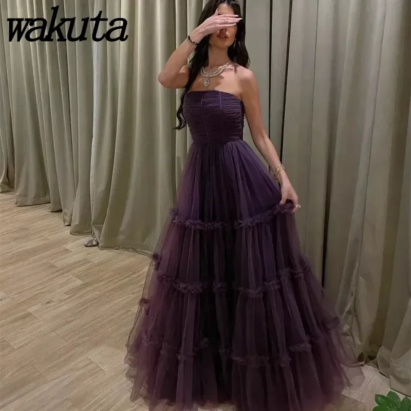 

Wakuta Solid Made Multi-layer Purple Red Mesh Cute Reception Dress Luxury Formal Party Evening Gowns فساتين نسائية شحن مجاني