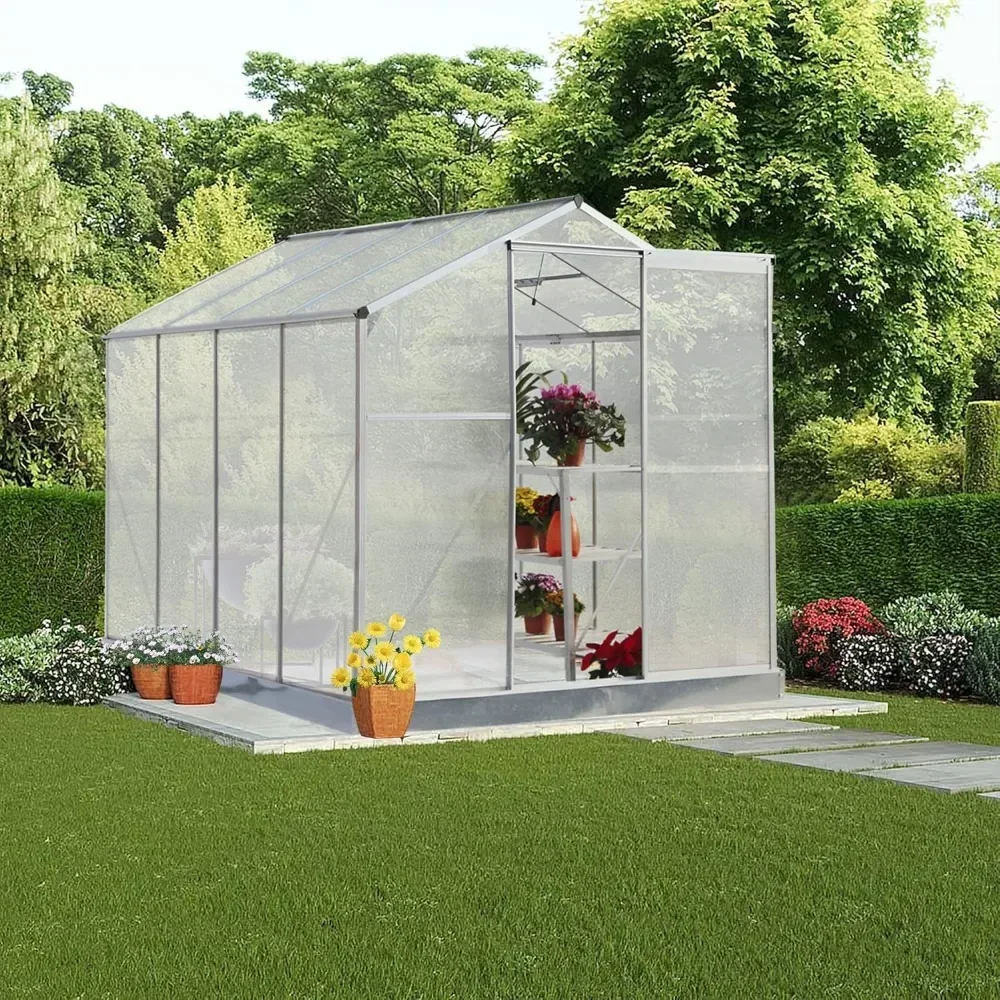 

6'x8' Polycarbonate Greenhouse for Outdoors, Heavy Duty Aluminum Green House with Rain Gutter, Sliding Doors & Vent Window