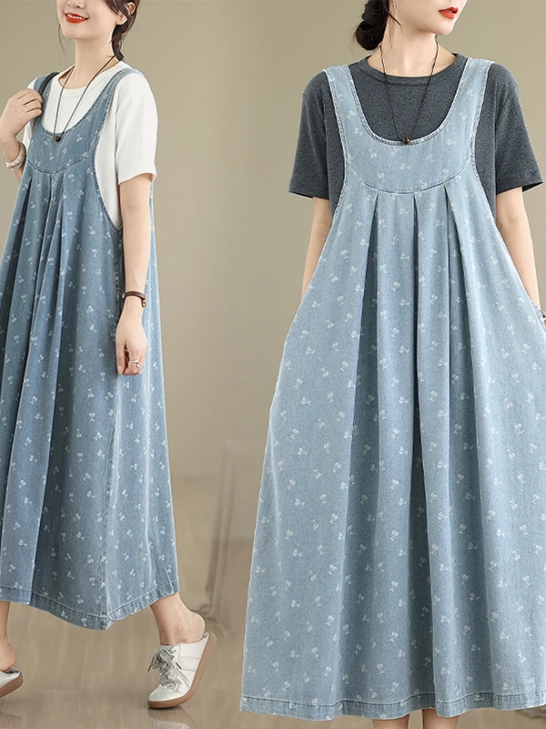 레트로 아티스틱 루즈 캐주얼 데님 베스트 드레스 여름 신상 플로럴 자수 와이드 레그 청 스커트 여성 한국 스타일 미디 드레스