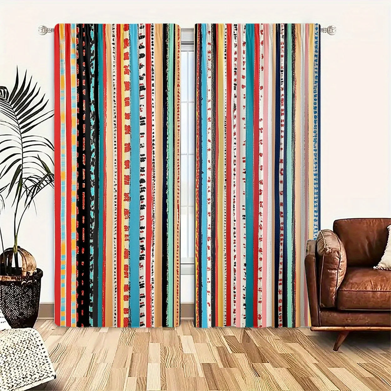 Boho Rough Brush Stroke Stripe Window Curtains 2 Panels, Vibrant Red Blue Yellow Vertical Line Distressed Print Home Curtain