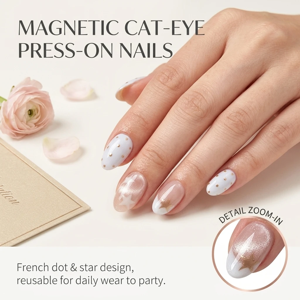 Reusable Press on Nails Short Oval Cat-Eye French Dot Star False Nail Tips for Wedding Party Holiday Daily Wear Resin Set