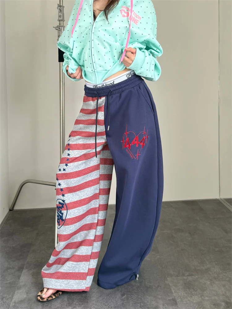 Women's Contrast Striped Patchwork Sweatpants Y2k Street Casual Retro Unisex High Waist Trousers Bottoms Female Wide Leg Pants