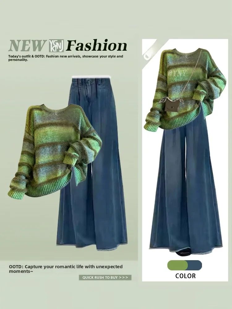 Faionable outono inverno azul dopane conjunto feminino ele cor blo redondo ne camisola perna larga emagrecimento jeans combinação