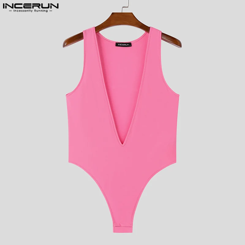 2024 americano sexy masculino sem mangas bodysuits incerun masculino causal cor sólida onesies profundo decote em v confortável homewear loungewear