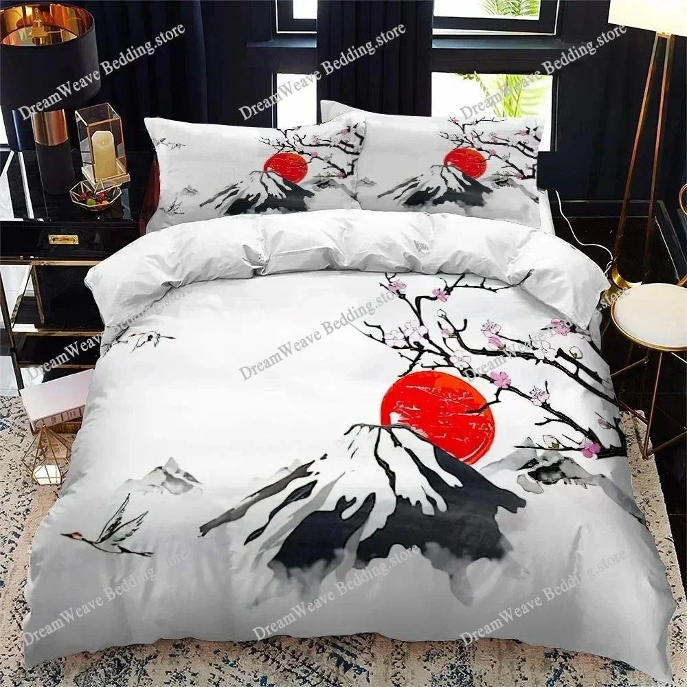 Japanese-Style Duvet Cover Set King Queen Full Size Ukiyo-e Theme Wave Pattern Polyester Bedding Set Fuji Mountain Exotic Style