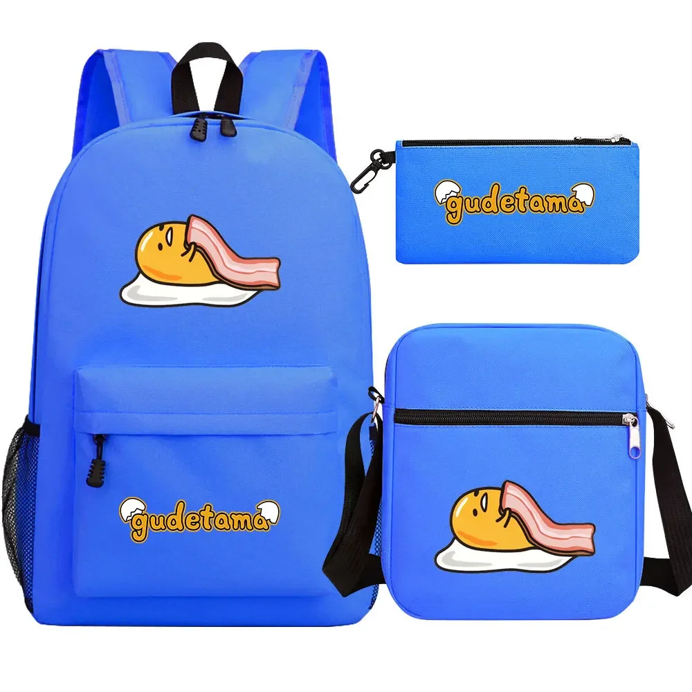 MINISO  New Kawaii Gudetama 3Pcs Boy Girl Kids School Book Bags Backpack Shoulder  Bag Pen Bags For Men Women