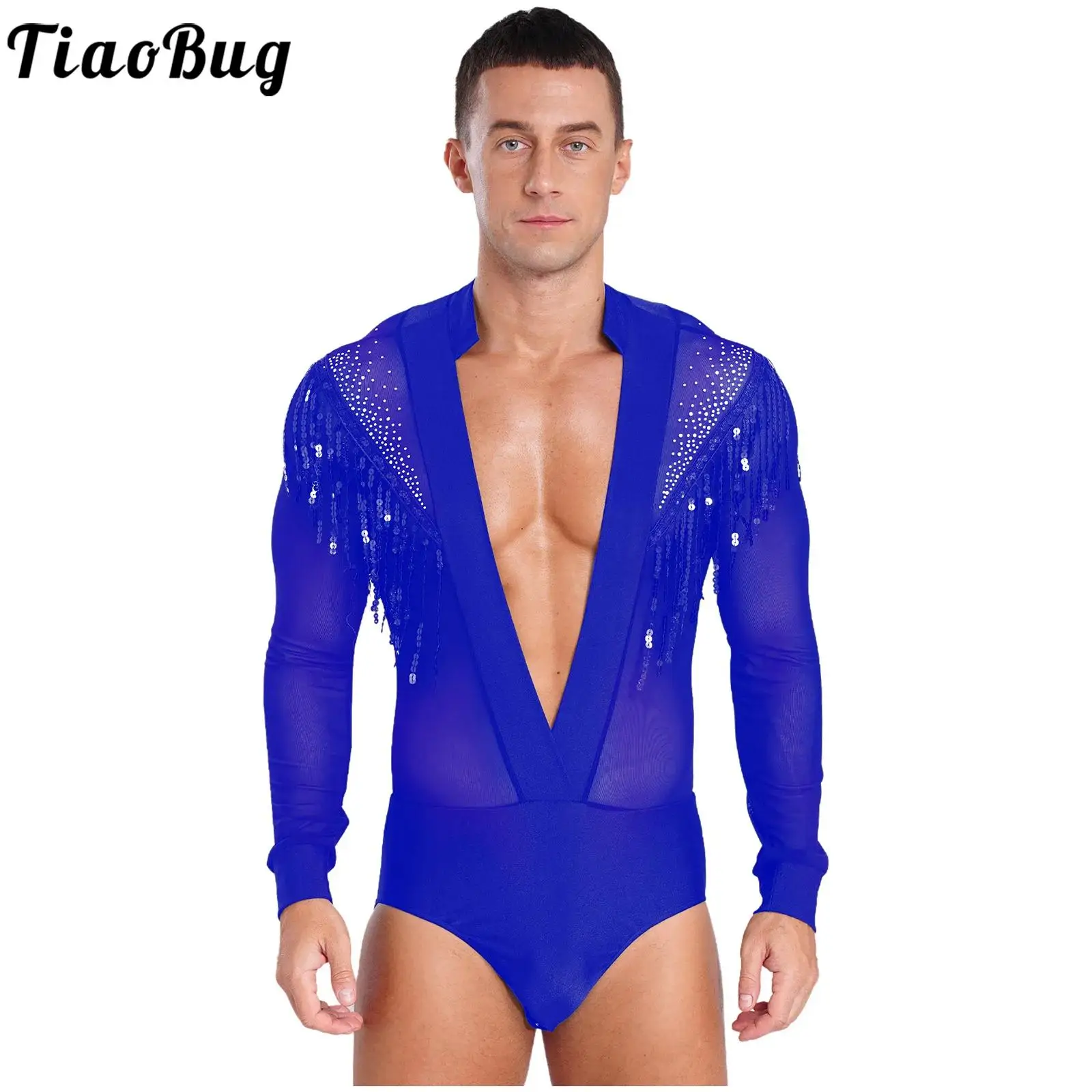 

Mens Latin Jazz Salsa Ballroom Ballet Dance Tops Bodysuits Shirts Deep V-neck Mesh Patchwork Sequin Tassels Jumpsuit Dancewear