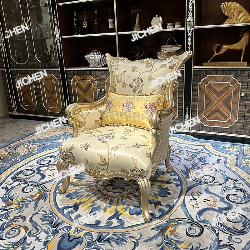 

HZ French Solid Wood Carving Flower Leisure Chair, European Luxury Fabric Sofa Chair, Balcony Lounge Chair Fashion Chair Furnitu