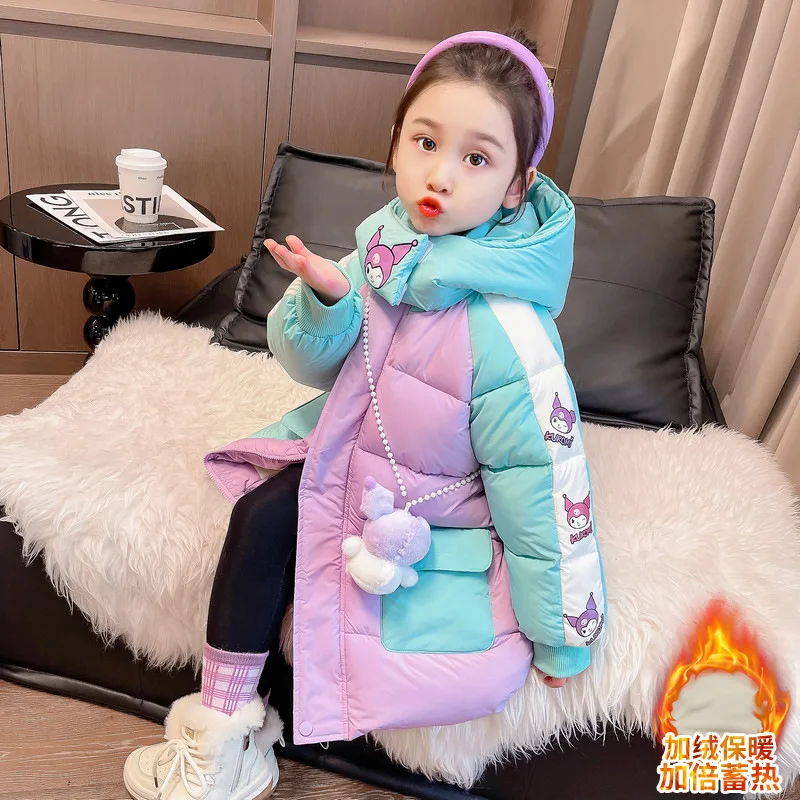 Sanrios Kuromi Girls Kuromi Two-Color Backpack Plus Velvet Cotton Coat Mid-Length Coat Baby Thickened Cartoon Coat Hooded Jacket