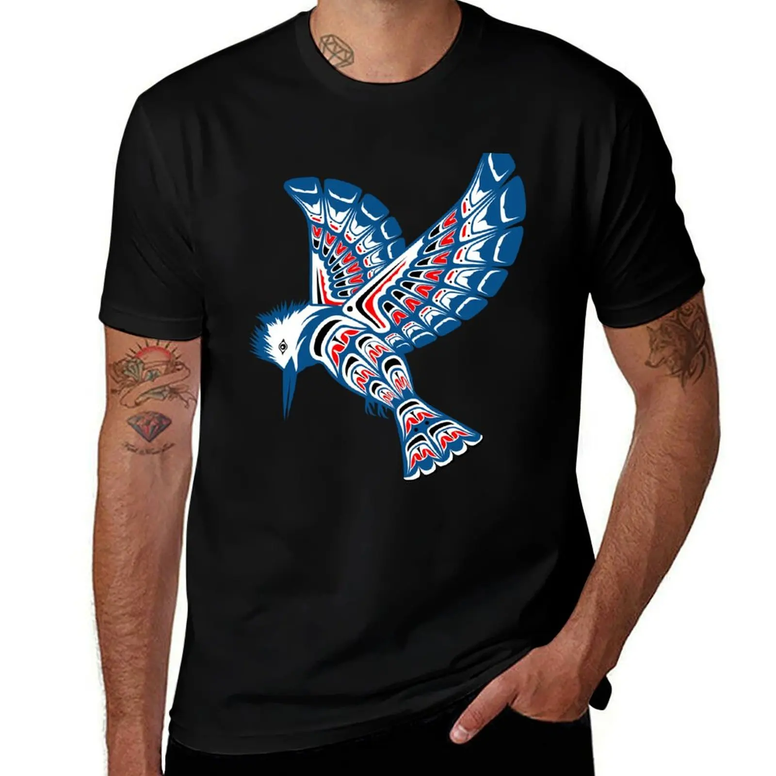 Kingfisher Pacific Northwest Native American Style Art T-Shirt Big and Tall Crew Neck Tee T-Shirt