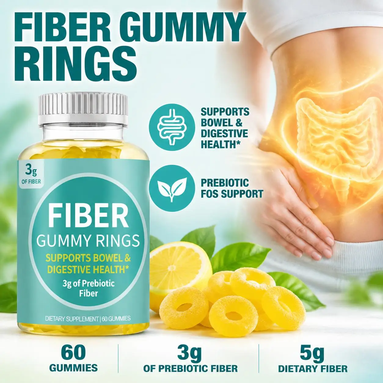 Fiber Gummies Bowel Regularity Digestive Comfort Bloating Relief Gut Flora Balance Prebiotic Weight Management Cardio 60 Gummies
