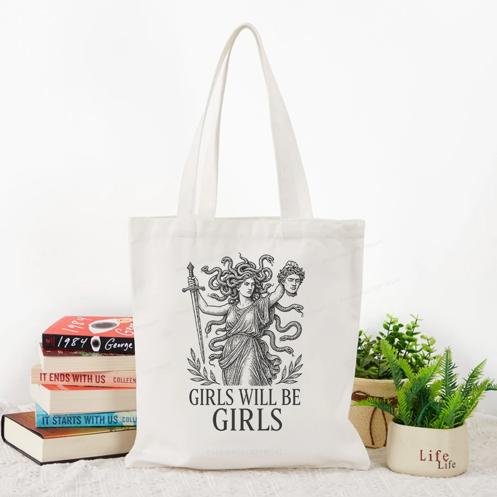 Women Canvas Tote Bag, Vintage Medusa Sword Figure Art Print Shoulder Handbag, Reusable Casual Bag For Daily School Office Use