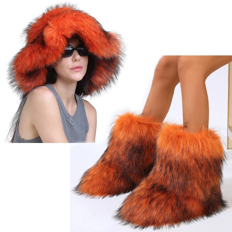 2024 Women\'s New Fur Snow Boots Winter Thick-soled Warm Wool-like Women\'s Boots Female Shoes Fashion Plush Fur Hat 2-piece Suit
