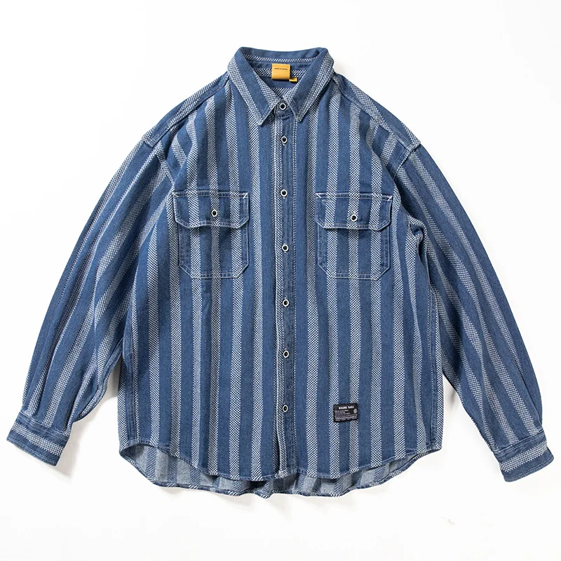 

Mens Denim Stripe Shirt Jacket American Vintage Long Sleeved Cowboy Spring Autumn Casual Loose Coat