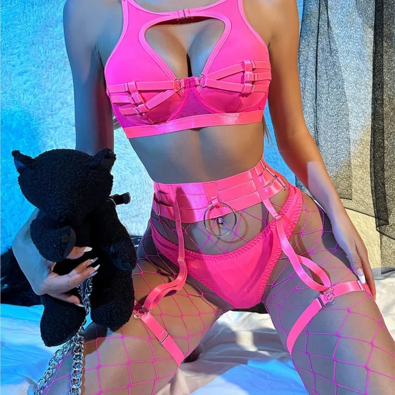 

Sexy Lingerie Set Women Black Lace Fishnet with Cut Out Push Up Bra and Garter Belt Erotic Stocking Outfits