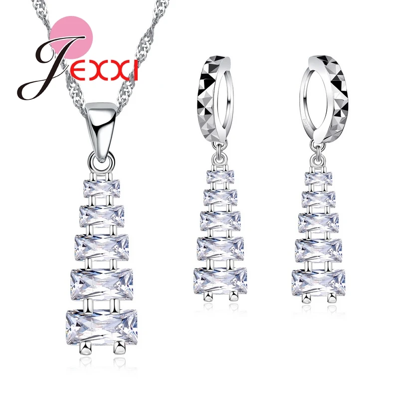 Personality Geometric Long Triangle Shape Necklace 925 Sterling Silver Cubic Zirconia Tassel Wedding Engagement Jewelry Sets