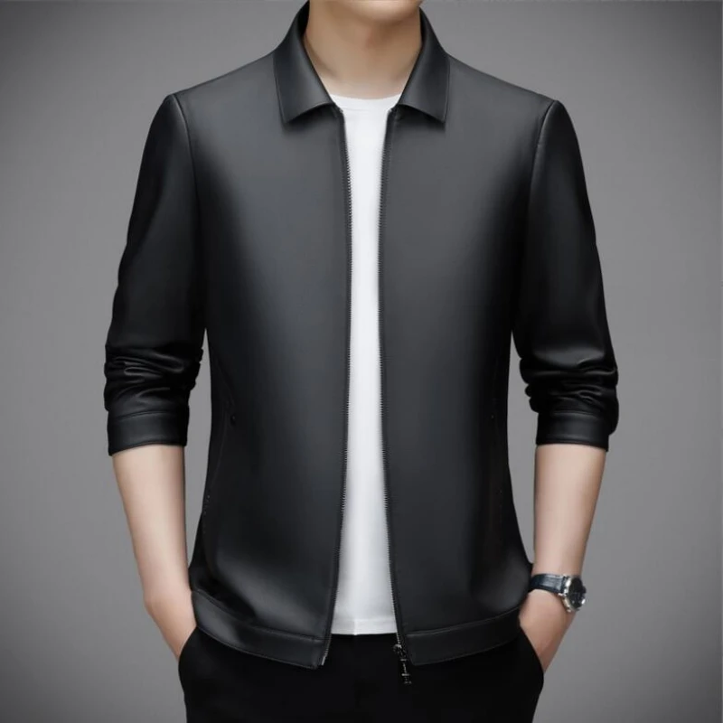 

2023 Men's New Fall Wear High-End Leather Jacket, Business Casual Sheepskin Turn Down Collar Korean Style Jacket for Men