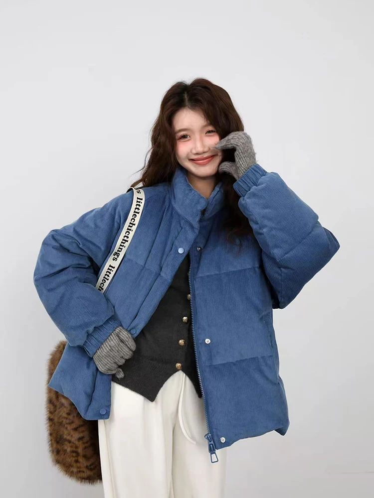 Parkas de pana Vintage para Mujer, abrigos coreanos holgados con cuello levantado, abrigos hinchados cálidos Y2k para invierno, prendas de vestir exteriores cortas con cremallera Preppy gruesas para Mujer