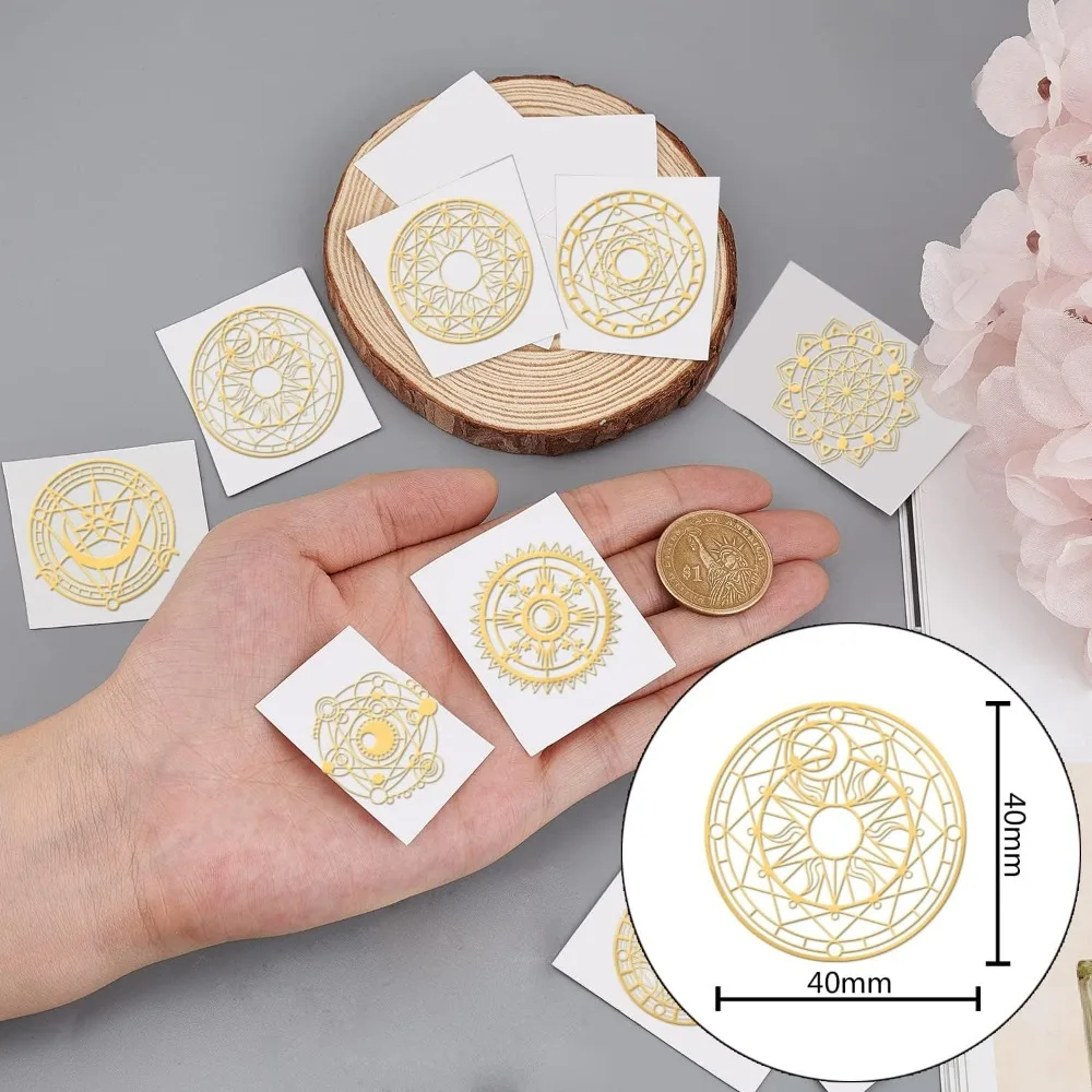 9Pcs 1.6x1.6 Inch Sacred Geometry Sticker Magic Circle Metal Sticker Golden Brass Stickers Self Adhesive Golden Metal Making Kit