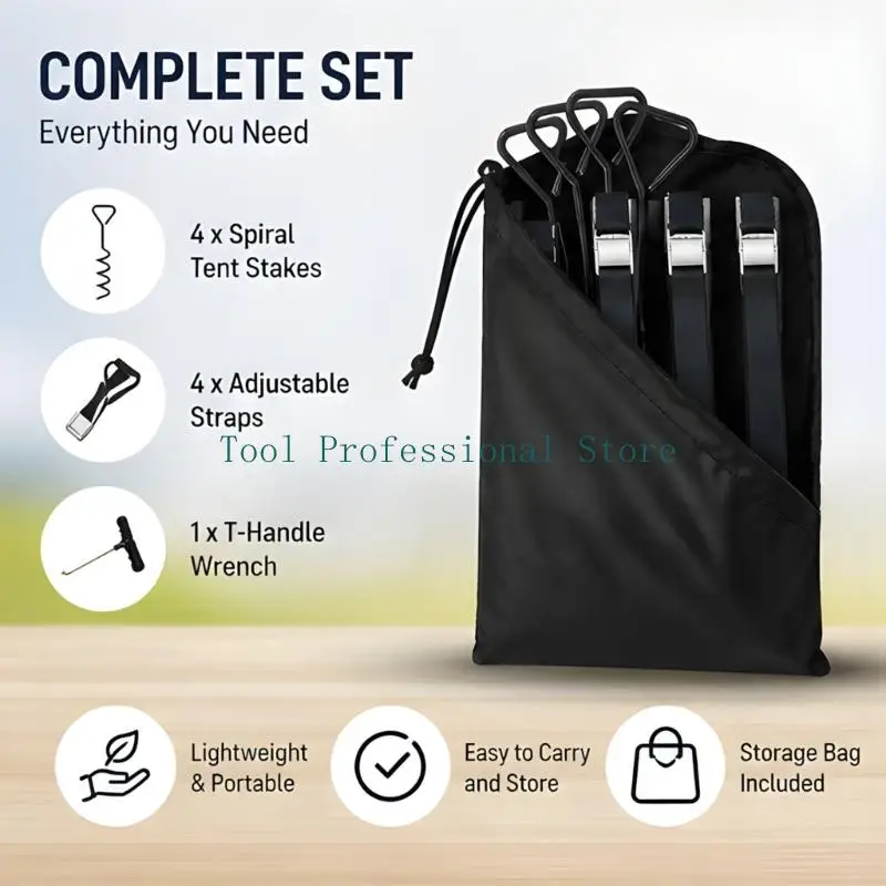 57QF Sun Shelter Ground Stakes Set with Corkscrew Screws, 4 Fastening Belts and T-Handle Tool for Tent Placement, Backyard Hold