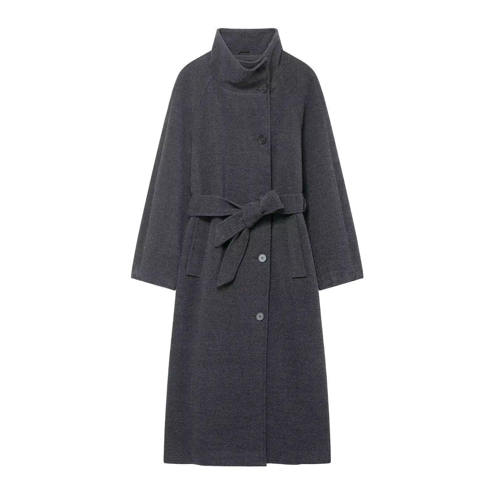 Fashionable Stand Collar Belted Coat Jacket Spring New Arrival Women's Wear High Waist Type Commute Suitable Long Sleeve Coat