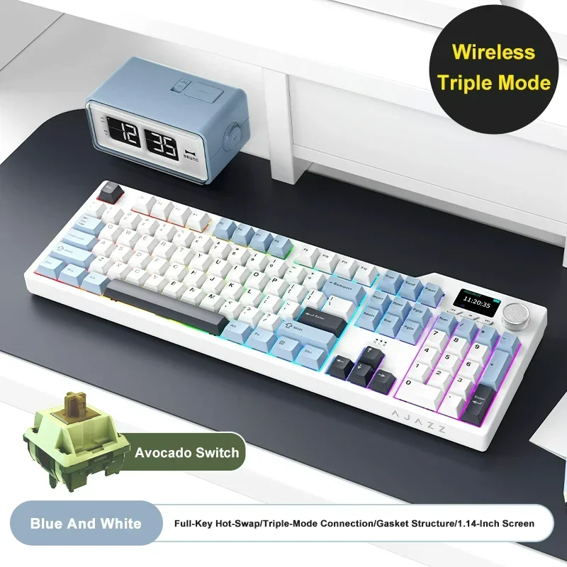 Ajazz AK35I V3 MAX Mechanisch toetsenbord, 8000 mAh, Hot-Swap, 104 toetsen, 1,14 inch TFT-kleurendisplay, volume-regelaar, Bluetooth, ideaal voor thuis- en kantoorgebruik